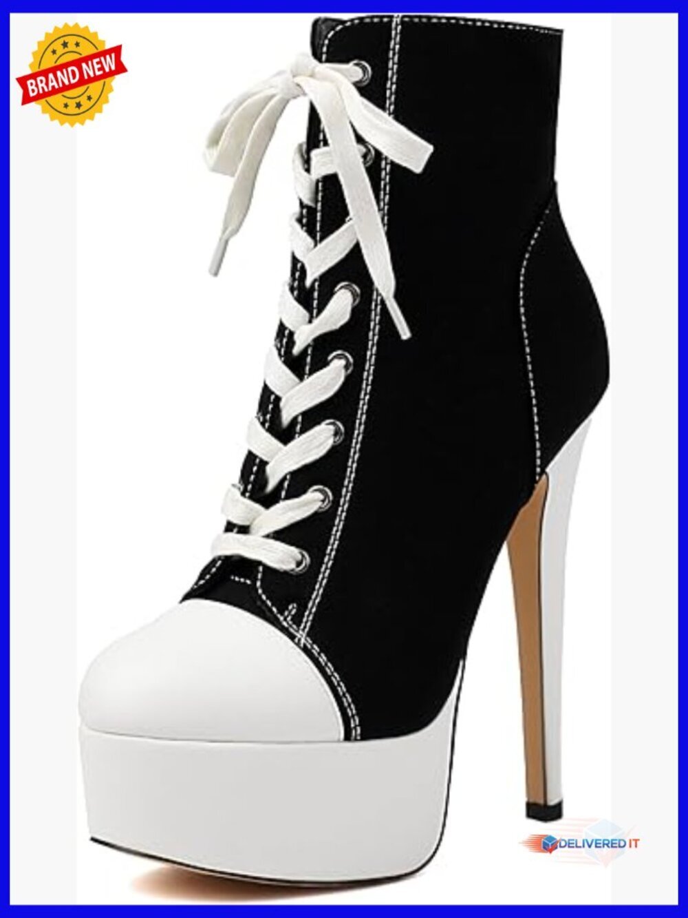 Women's Canvas Ankle Stiletto Platform Bootie Lace Up Heel Shoes